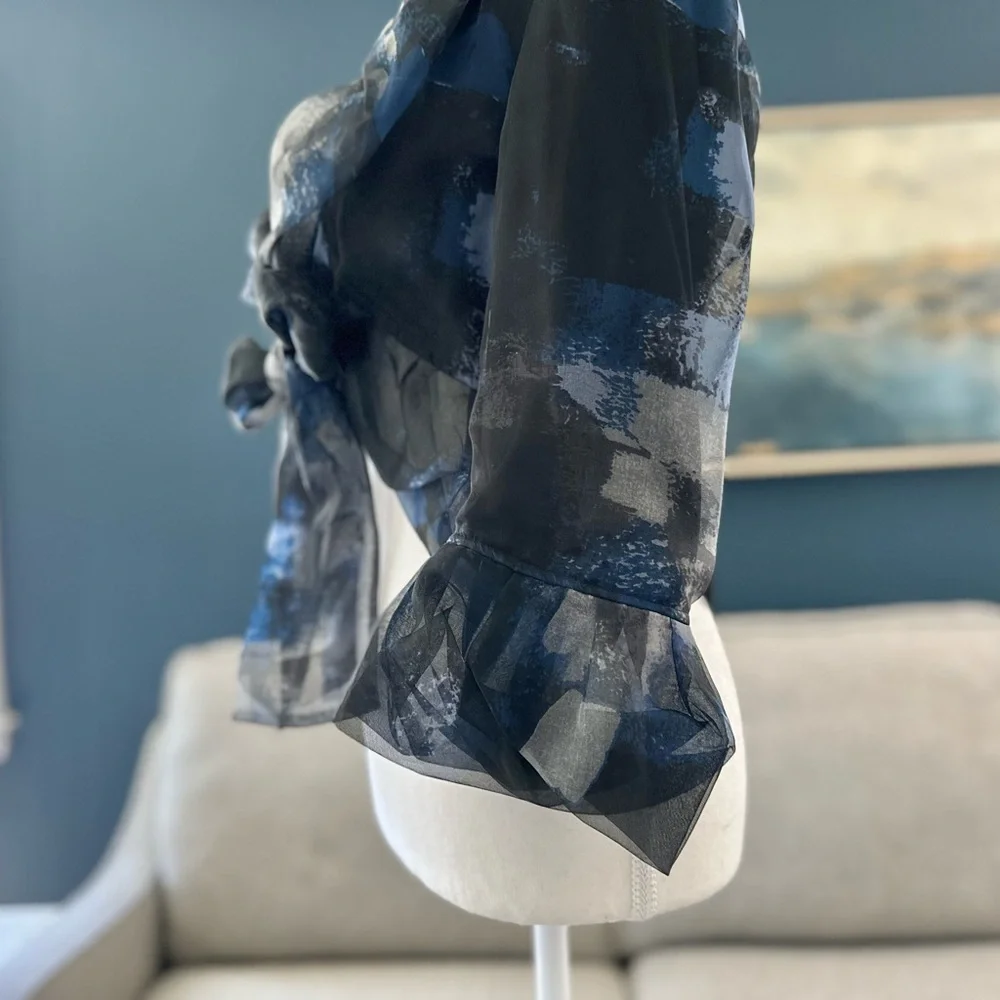 Samuel Dong 100% Silk Organza Crop Bolero Jacket, Blue/Black/Gray Print, Sz S - Picture 9 of 12